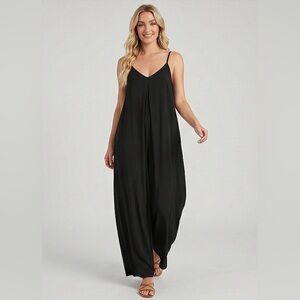 Boho Wide Leg Cami Jumpsuit With Pockets Black